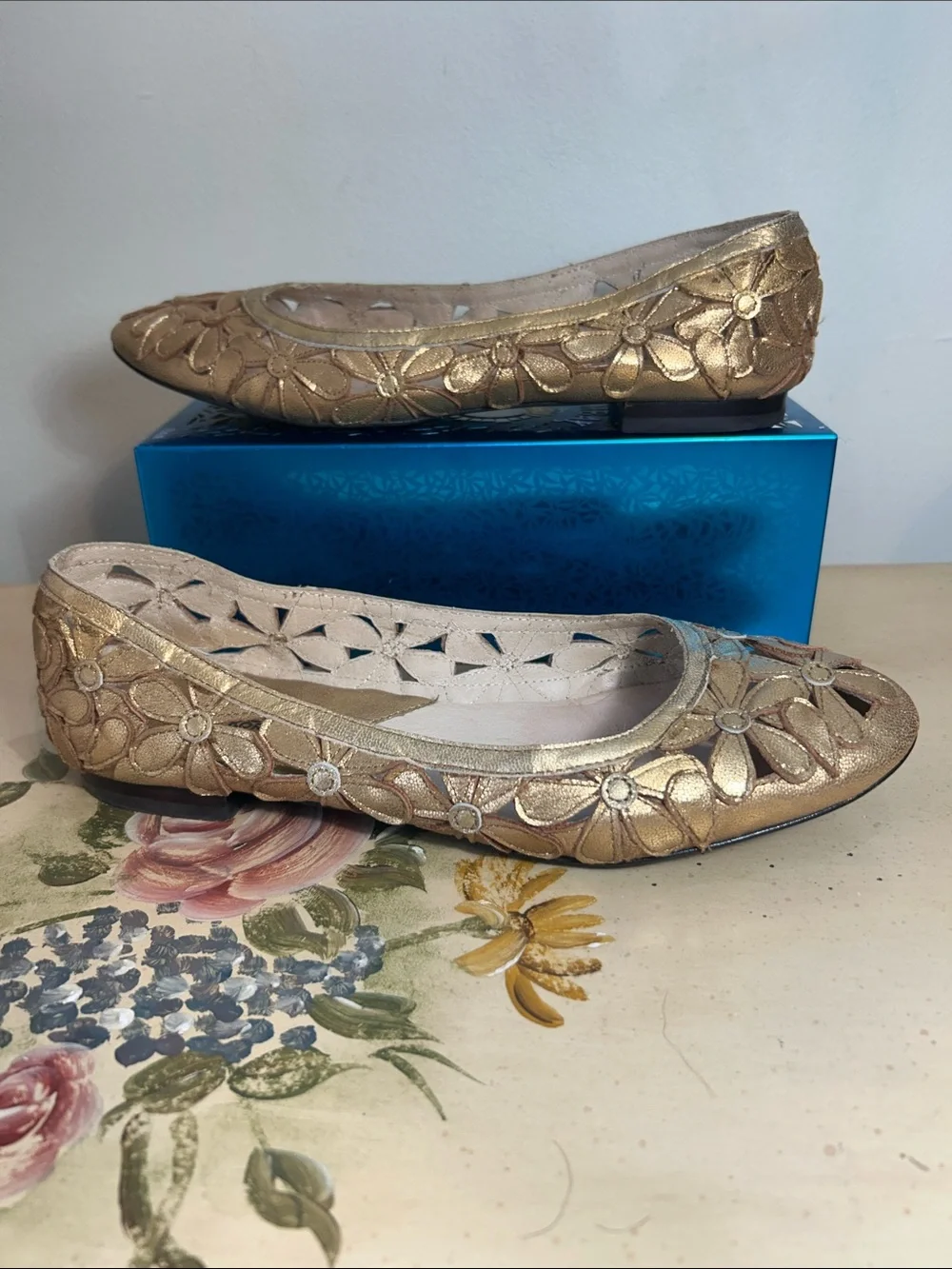 Michael Kors Gold Floral Leather  Cutout Ballet Flats